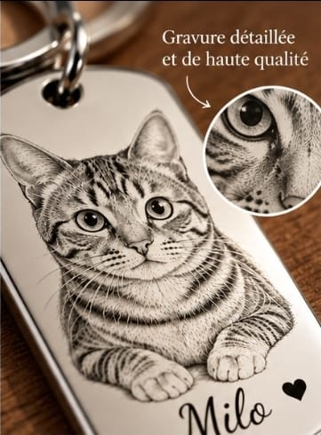 Détail de la gravure personnalisée sur porte-clés avec portrait de chat