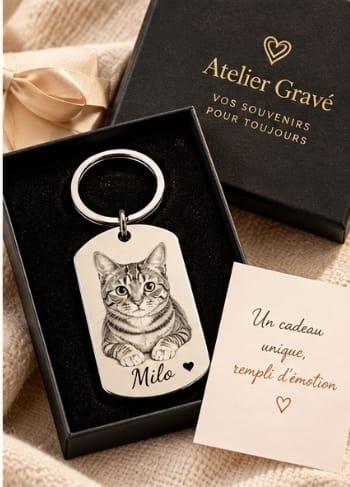Porte-clés personnalisé gravé avec portrait de chat dans un coffret cadeau