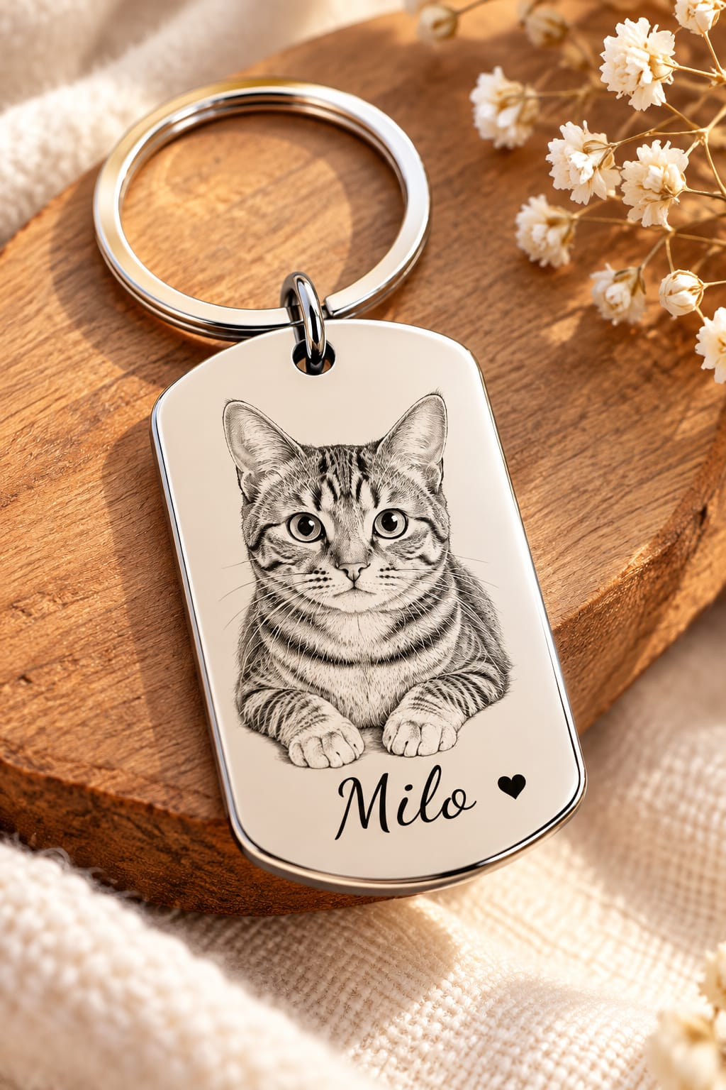 Porte-clés personnalisé gravé avec portrait de chat sur support en bois
