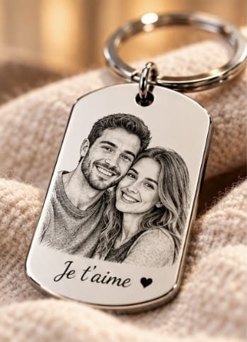 Porte-clés personnalisé avec portrait gravé de couple