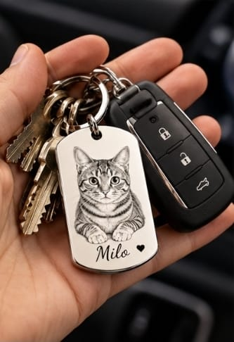 Porte-clés personnalisé gravé avec portrait de chat utilisé avec des clés